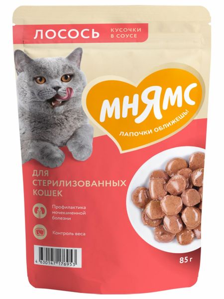 Консервы, паучи Мнямс Паучи для стерилизованных кошек кусочки в соусе с лососем, 85 г х 24 шт (24 шт)