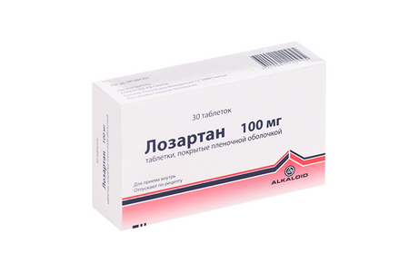 Лозартан 100 мг, 30 шт, таблетки покрытые пленочной оболочкой Алкалоид