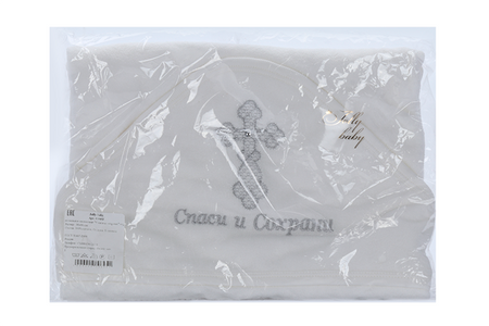 Полотенце-уголок Jolly baby д/крещения Спаси и сохрани с капюшоном 90х90 см молоч/серебристый