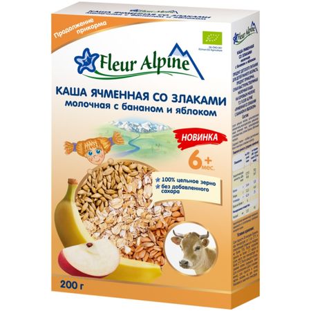 Каша Fleur Alpine молочная ячменная со злаками, бананом и яблоком, с 6 месяцев 200 г moonbiffy бумажный баннер 6 месяцев