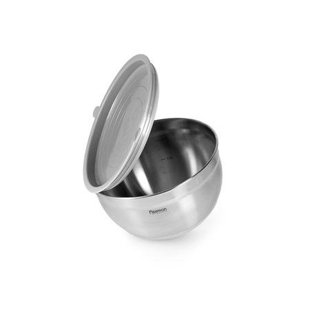 Миска Fissman серая, нержавеющая сталь с крышкой, 20x12 см, 3 л