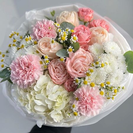 Букет живых цветов FLORES Нежные кремовые пионовидные розы с гортензией и ромашкой искусственные шелковые розы кремовые для букета 10 20 шт