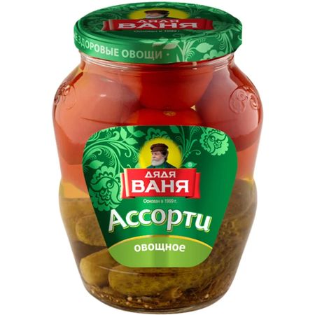 Ассорти Дядя Ваня помидоры и огурцы стеклянная банка 680 г
