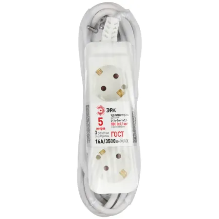 Удлинитель бытовой Эра U-3e-5m-3x1,5 3x1.5 5 м 3 розетки с заземлением 3500 Вт цвет белый удлинитель бытовой skybeam 5 розеток с заземлением 3x1 мм 1 5 м 3500 вт