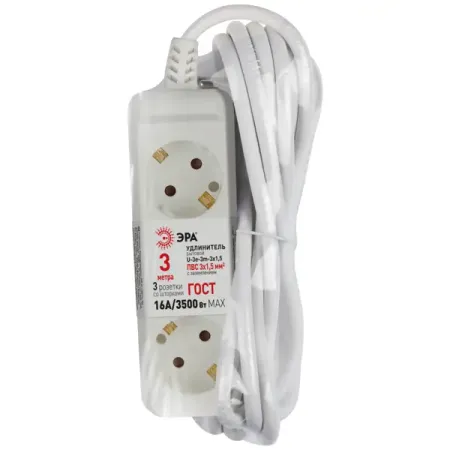 Удлинитель бытовой Эра U-3e-3m-3x1,5 3x1.5 3 м 3 розетки с заземлением 3500 Вт цвет белый удлинитель бытовой skybeam 5 розеток с заземлением 3x1 мм 1 5 м 3500 вт