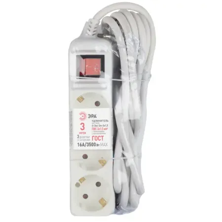 Удлинитель бытовой Эра U-3es-3m-3x1,5 3x1.5 3 м 3 розетки с заземлением 3500 Вт с выключателем цвет белый удлинитель бытовой skybeam 5 розеток с заземлением 3x1 мм 1 5 м 3500 вт