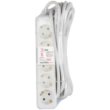 Удлинитель бытовой Эра U-5e-5m-3x1,5 3x1.5 5 м 5 розеток с заземлением 3500 Вт цвет белый удлинитель бытовой skybeam 5 розеток с заземлением 3x1 мм 1 5 м 3500 вт