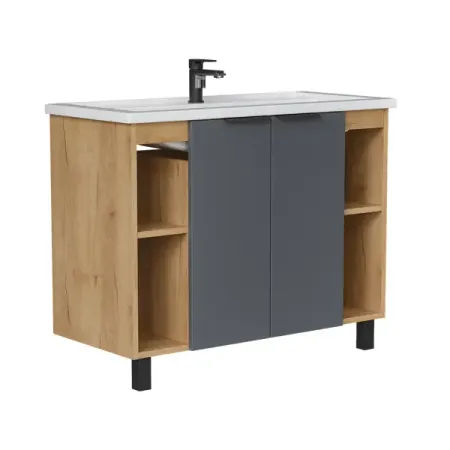 Тумба под раковину Сохо KONSENSA напольная 96.6 см цвет дуб гудзон золотой/серый софт тач с раковиной Kirovit Фостер 100 10 шт вертикальные регулируемые модели rv09 b1k b2k b5k b10k b20k b50k b100k b500k b1m