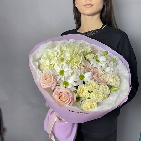 Букет живых цветов GLOW FLOWERS Нежный букет с гортензией, розами и хризантемой винтажные наклейки с розами tiamech