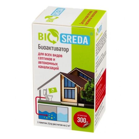 Биоактиватор Biosreda для всех видов септиков и автономных канализаций, 300 гр 12 пакетов