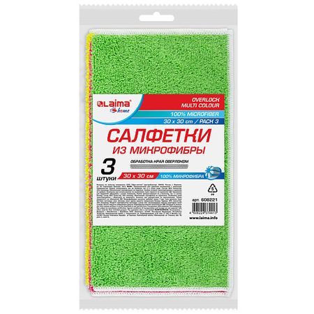 Салфетки для уборки LAIMA Салфетки из микрофибры OVERLOCK MULTI COLOUR PACK 3 HOME губки из микрофибры moonbiffy