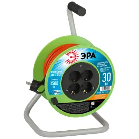 Удлинитель на катушке Эра ПВС 3х1.5 30 м 4 розетки 3500 Вт с заземлением цвет оранжевый удлинитель нижней панели приборной панели мотоцикла abs для harley softail fat boy deluxe heritage night train стандарт 2000 2017