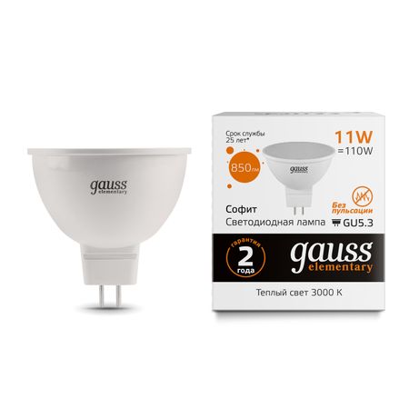 Лампа Gauss Elementary MR16 11W 3000K GU5.3 лампа gauss elementary 3 5вт gu5 3 led 300лм 4100k mr16 спот