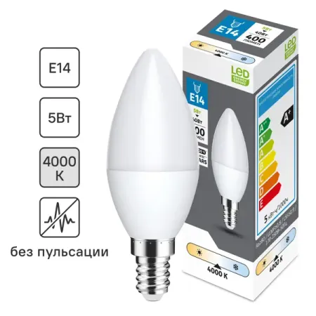 Лампочка светодиодная свеча E14 400 лм нейтральный белый свет 5 Вт