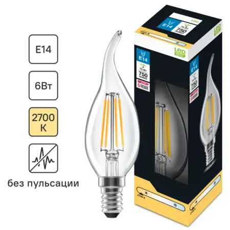 Лампа светодиодная E14 220-240 В 6 Вт свеча на ветру прозрачная 750 лм теплый белый свет лампа филаментная ашан красная птица свеча на ветру е27 теплый свет 8 вт