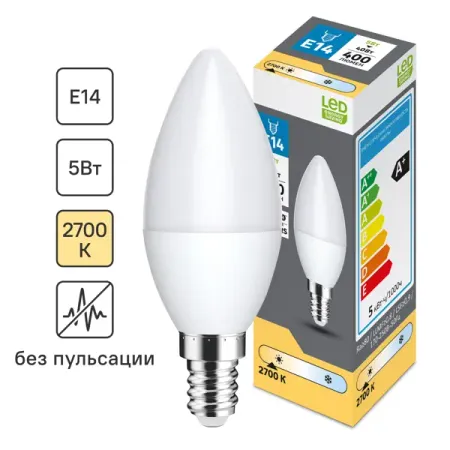 Лампочка светодиодная свеча E14 400 лм теплый белый свет 5 Вт led свечи rnntuu теплый свет