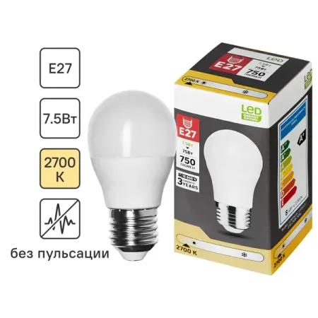 Лампочка светодиодная шар E27 750 лм теплый белый свет 7.5 Вт лампочка светодиодная эра 6вт g9 480лм теплый свет 220в капсула