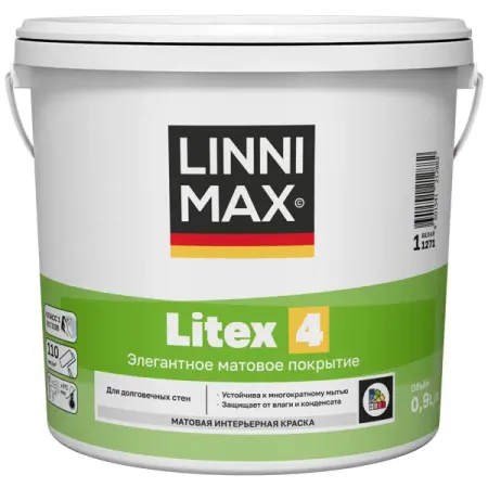 Краска для внутренних покрытий моющаяся Linnimax Litex 4 Б1 матовая цвет белый база А 0.9 л