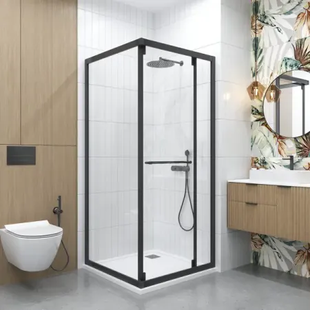 Душевая ширма Март квадратная 90x90x195см цвет профиля черный распашная стекло 6мм прозрачное мягкие резиновые мебельные ролики