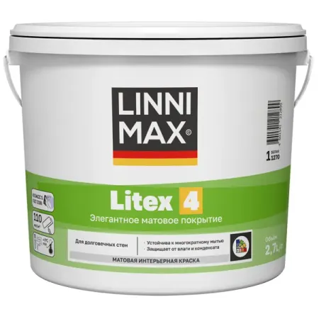 Краска для внутренних покрытий моющаяся Linnimax Linnimax Litex 4 Б1 матовая цвет белый база A 2.7 л шпатлевка масляно клеевая лакра для внутренних работ 3кг арт 0008051