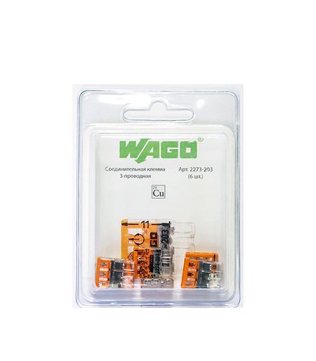 Клемма на 3 провода Wago 2273-203 0,5-2,5 кв. мм самозажимная без пасты (6 шт.) тестовые про  для мультиметра tlzwla