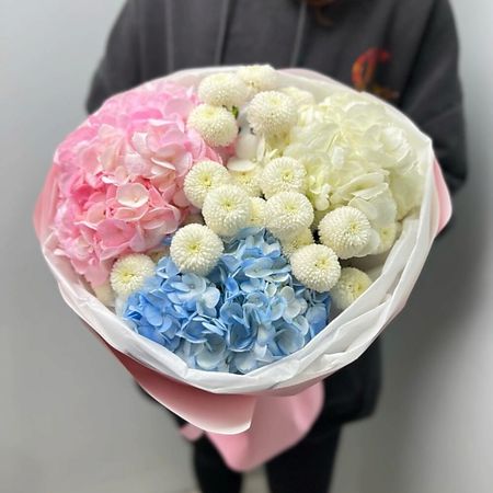 Букет живых цветов FLORES Нежные голубые и розовые гортензии с милой хризантемой 15 шт 10 дюймов голубые розовые латексные шары chlezi