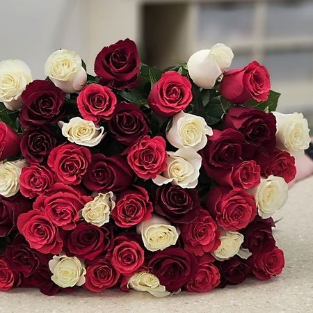Букет живых цветов ЦВЕТЫ ДЛЯ ВАС Букет из 51 розы белая красная (Кения)