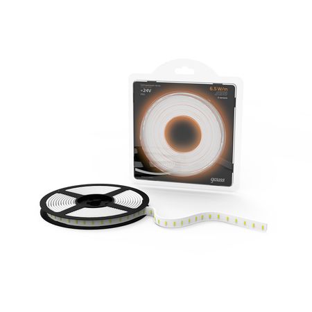 Лента Gauss LED 2835/120-SMD 6.5W 24V DC 600lm/m 3000K IP65 (блистер 5м) лента gauss basic led 10вт м 700лм м 3000k 10мм ip65 12в 3м
