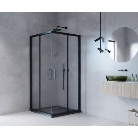 Душевая ширма Квадро Март квадратная 90x90x195см цвет профиля черный раздвижная стекло 6мм прозрачное