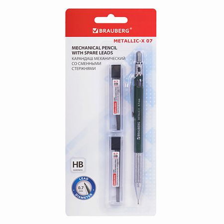 Карандаш BRAUBERG Карандаш механический 0,7 мм + грифели HB 24 штуки, METALLIC-X 0 tombow механический карандаш mono graph multi series 0 3 0 5 мм