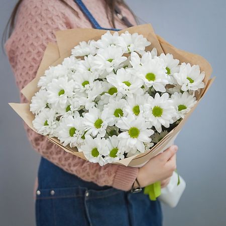 Букет живых цветов ПЯТЬ ЦВЕТОВ Букет из 9 кустовых хризантем в крафте