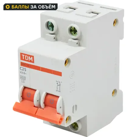 Автоматический выключатель TDM Electric ВА47-63 2P C25 А 4.5 кА SQ0218-0012 автоматический выключатель tdm electric ва47 29 1p c6 а 4 5 ка sq0206 0070