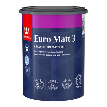краска акриловая TIKKURILA Euro Matt 3 для стен и потолков база С 0,9л бесцветная, арт.700001115 краска акриловая tikkurila euro extra 20 для стен и потолков база с 2 7л бес ная арт 700001109
