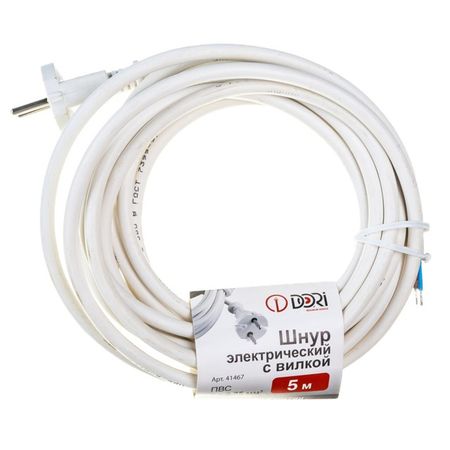 кабель с вилкой DORI 2x0,75мм 5м 6А 220Вт белый кабель акустический dori 2х0 75мм 20м прозрачный