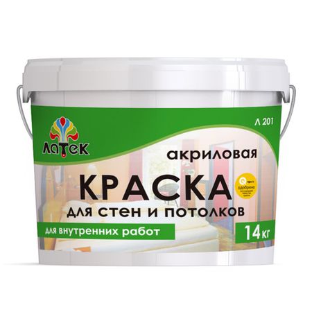 краска акриловая ЛАТЕК Л201 для стен и потолков 14кг белая, арт. 4607067847409 краска для стен и потолков эксперт белая 14кг арт 9011