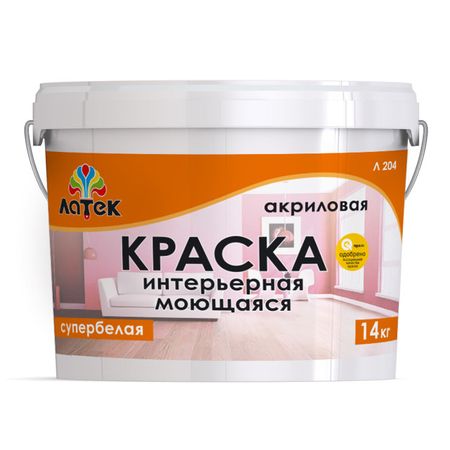 краска акриловая ЛАТЕК Л204 для стен и потолков моющаяся 14кг белая, арт. 4610014002738 краска для стен и потолков эксперт белая 14кг арт 9011