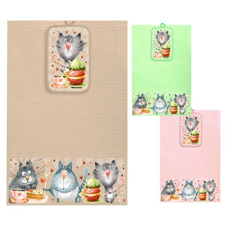 комплект кухонный Коты полотенце и прихватка в ассортименте (разные цвета), арт. НК-45-Коты полотенце кухонное ваф гуси 35х60см белое арт 102 гуси