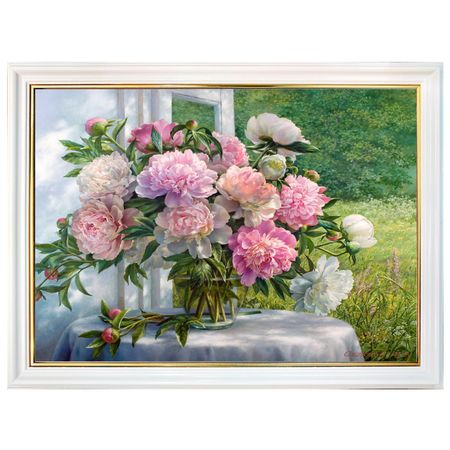 репродукция в раме ПИОНЫ У ОКНА 400х300мм бумага/МДФ искусственные розовые пионы из шелка lekse 27 голов