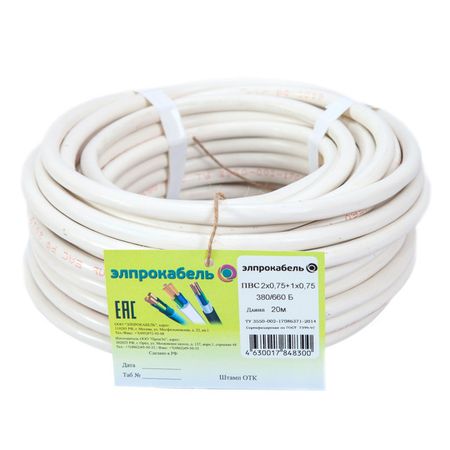 кабель ПВС ЭлПроКабель гибкий круглый 3х0,75 ГОСТ 20м белый кабель пвс элпрокабель гибкий круглый 2х1 5 гост 5м белый