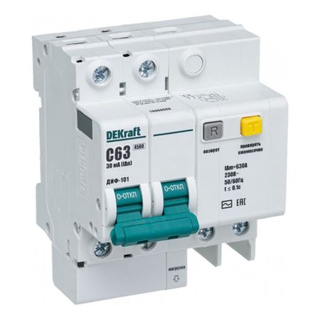 выключатель дифференциальный DEKRAFT 63А 2P 30мА тип AC С 4,5кА (АВДТ)