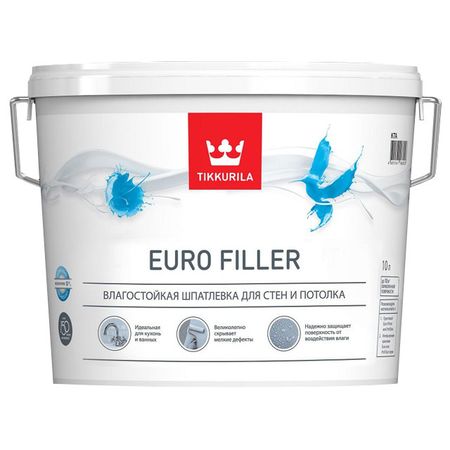 шпатлевка готовая TIKKURILA Euro Filler влагостойкая 10л, арт.700012221 шпатлевка готовая tikkurila euro filler влагостойкая 5л арт 700012220