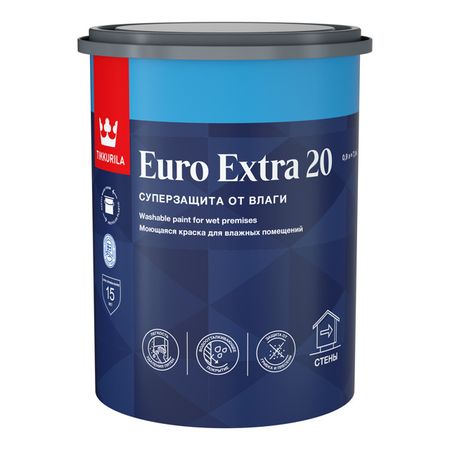 краска акриловая TIKKURILA Euro Extra 20 для стен и потолков база С 0,9л бесцветная, арт.700001108 краска акриловая tikkurila euro extra 20 для стен и потолков база с 2 7л бес ная арт 700001109