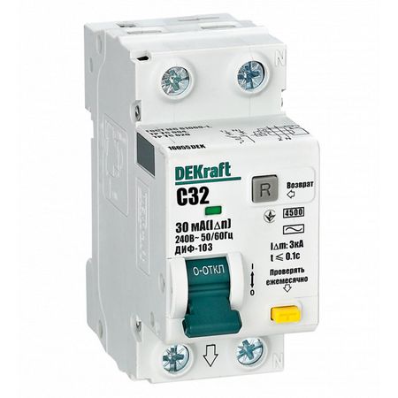 выключатель дифференциальный DEKRAFT (АВДТ) 1P+N 32А 30мА тип AC С 4,5кА