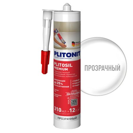 герметик силиконовый PLITONIT PlitoSil Premium для влажных помещений 310мл прозрачный, арт.Н010028 герметик битумный makrofix р 808 310мл арт 9013