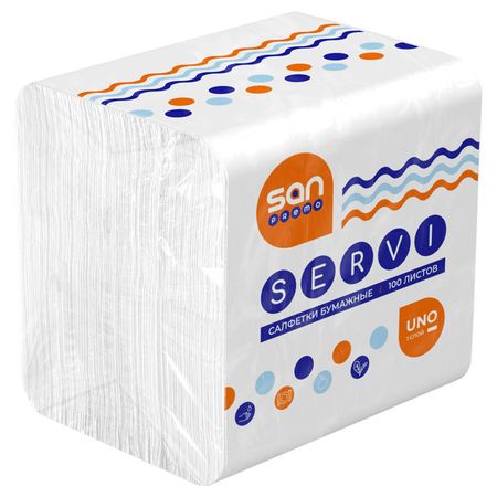 салфетки SANPREMO Servi 1-слойные 24х24см 100шт салфетки косметические zewa everyday 2 слойные 100шт