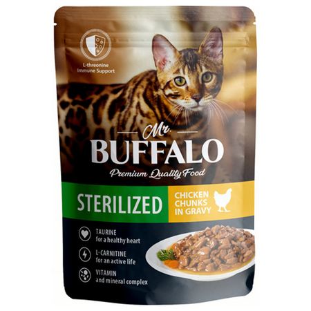 корм для кошек BUFFALO Sterilized Цыпленок в соусе пауч 85г сухие корма farmina вет корма для кошек при профилактике мкб 5 кг