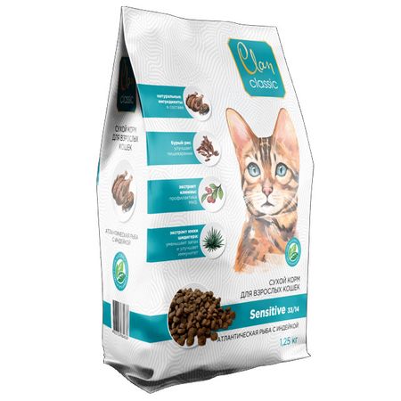 корм для кошек CLAN Classic Sensitive для чувствительного пищевар. атлант.рыба с индейкой сухой 1,25 сухой корм для котят perfect fit от 2 до 12 месяцев с курицей 190 г