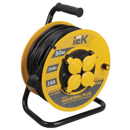удлинитель на катушке IEK Industrial plus 4 гнезда 50м 3х1,5мм2 IP44 желтый удлинитель реальная электрика 20м 3 гнезда уличный с з пвс 16а ip44 3х1 5кв мм
