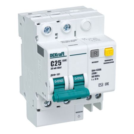 выключатель дифференциальный DEKRAFT 25А 2P 30мА тип AC С 4,5кА (АВДТ)