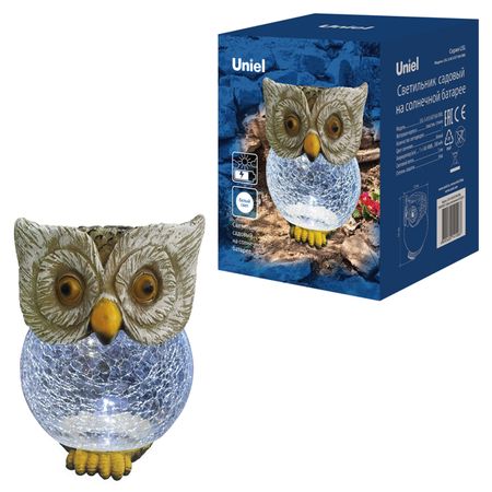 светильник садовый UNIEL Сова на солнечной батарее 5Вт пластик серая светильник на солнечной батарее uniel 0 36вт ip44 аккумулятор светлячки
